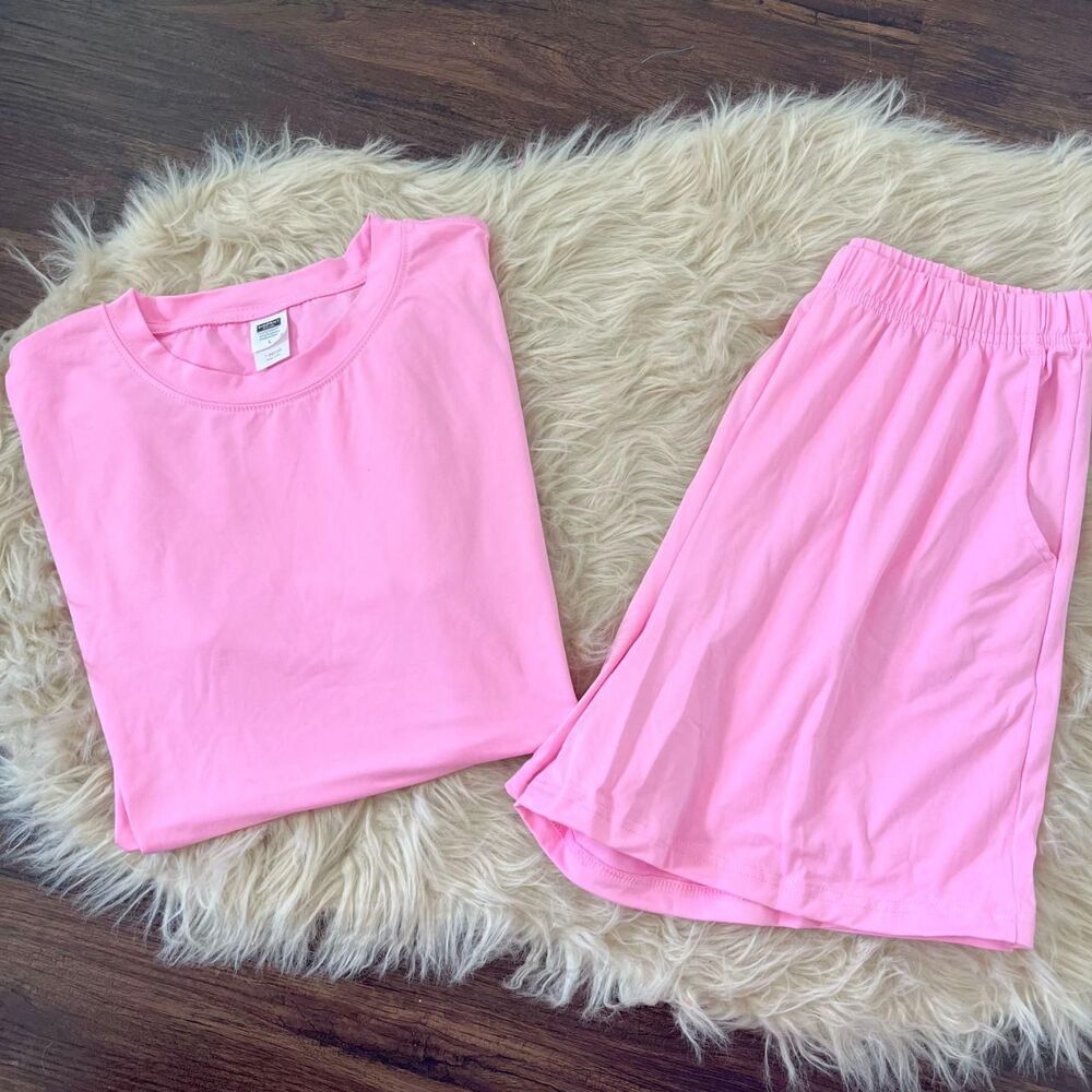 Soft Stretchy Pink Matching T-shirt and Shorts Lounge Set Size L NWOT